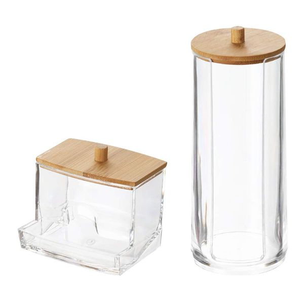 INCETUE Makeup Organiser Set - Acrylic Cotton Wool Pads Holder with Bamboo Lid, Clear Q-tip Cotton Swab Dispenser, Ear Bud Jar, Dressing Table Accessories, Cosmetics Storage Container for Bathroom