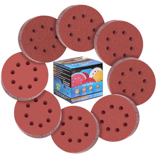 IROKCAKPT Disc Paper, 4.9 inches (125 mm) Diameter, Sandpaper, Round Shape, 8 Holes, Magic Type, Sanding Disc, Set of 80 Total (#40, #60, #80, #120, #180, #240, #320, #400 x 10 each) Paper for