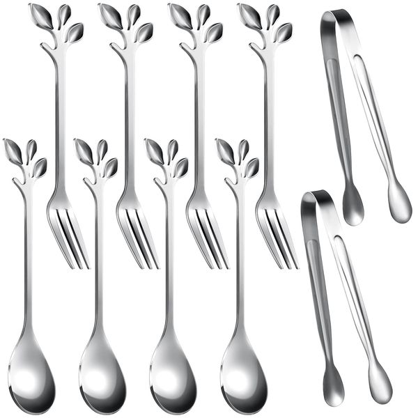 Leaf Coffee Spoons, Mini Serving Tongs and Appetizer Forks Stainless Steel Sugar Cube Tongs Dessert Spoons Metal Dinner Forks for Dessert Coffee Tea (10, Silver)