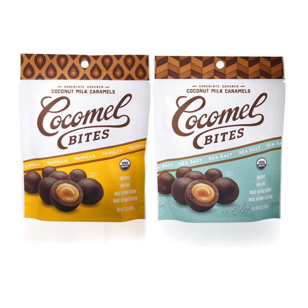 Cocomels Chocolate Covered Caramel BITES - VEGAN Organic Made Without Dairy Kosher (Variety, Sea Salt and Vanilla, 2 pack)