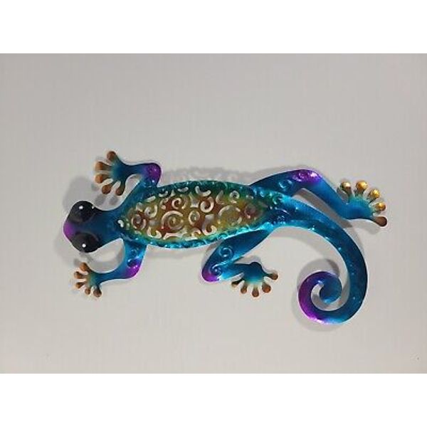 GECKO Lizzard Metal Wall Art Gecko Blue Multicolored Home & Garden Decor NEW