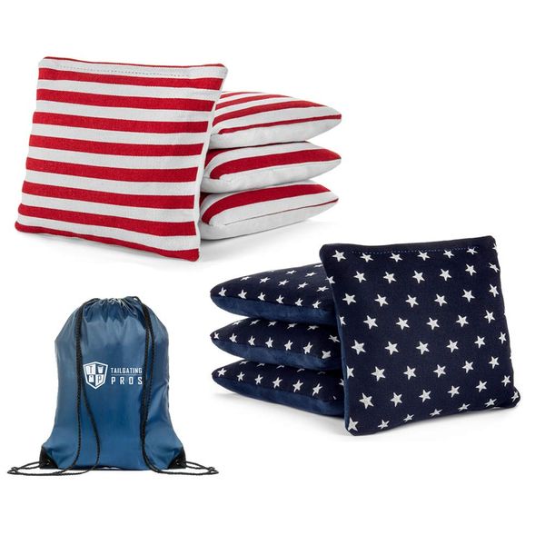 Tailgating Pros Pro-Style Two-Sided Cornhole Bags Stars w/Navy Suede Stripes w/White Suede & Bag Tote - Slick & Stick - All Weather - Set of 8