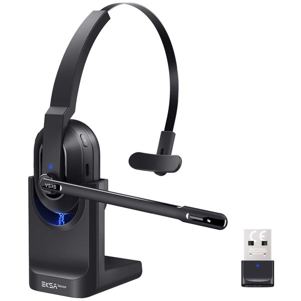 EKSA H5 Bluetooth Headset with Microphone AI-Powered ENC, Wireless PC Headsets with USB Dongle [45Hrs playtime & 10M range] & Fast Charging Dock, Over Ear Computer Headsets for Laptop/Office/Teams