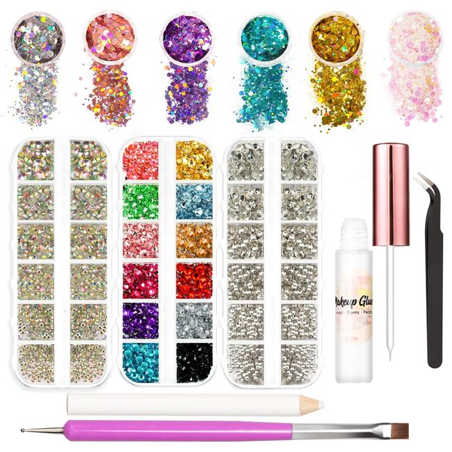 Face Gems Glitter with Glue Face Rhinestones for Makeup Jewels Eye Gems Tweezers Makeup Accessories Hair Body Glitter