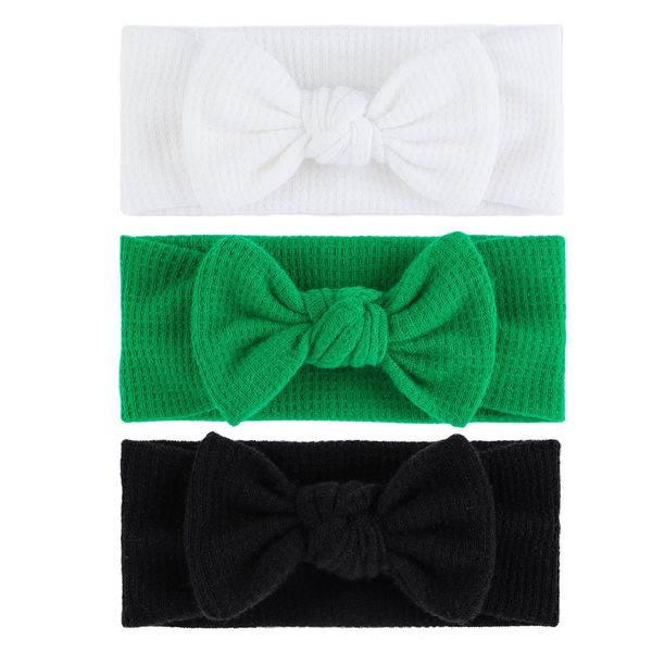 Lanmerry St. Patrick's Day Baby Girls Waffle Headbands with Bows Elastics Handmade Hair Accessories Newborn Infant Toddler Hairbands and Bows Headwrap Kids 3 Packs Black White Green