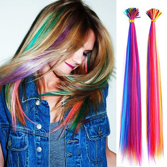 100 Strands 20" Party Colors Hair Extensions I-Tip Long Straight Hairpieces Synthetic Heat Resistant Highlight Feather Micro Ring Hair Accessories (10 Mix-colors, I-Tip Hair Extensions)