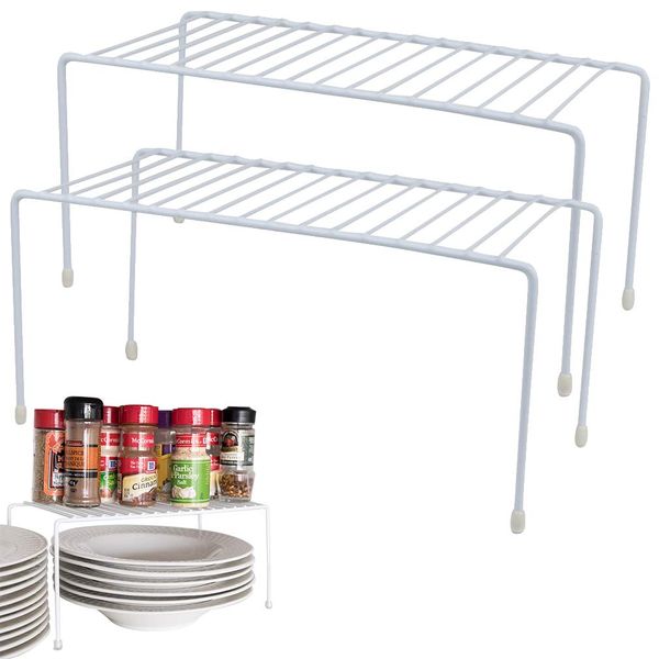 Evelots Wire Rack Cabinet Shelf Organizer Set of 2 White Kitchen Organization, Bathroom Cabinet Organizer, Food Pantry Organization and Storage Shelves