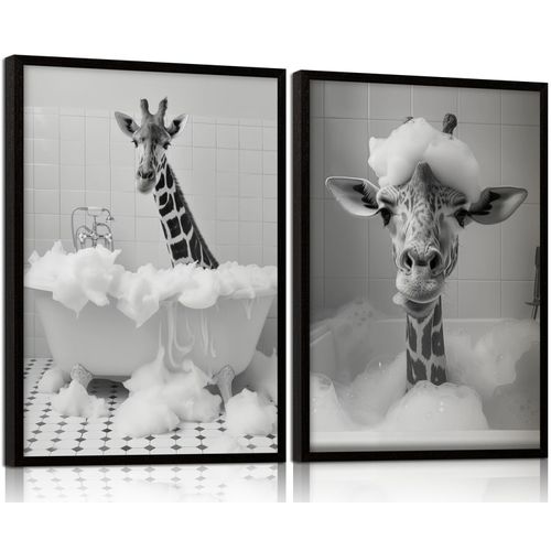 2Pcs Framed Funny Giraffe Bathroom Canvas Wall Art Prints Black and White Gallery Posters Animal Bubble Bath Pictures Modern Wall Decor Bedroom Apartment 12X16 Inch Ready to Hang