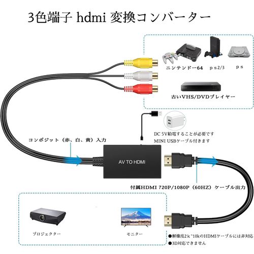 Amtake RCA to HDMI Converter, AV Composite HDMI Converter Adapter, 3-Color Terminals, HDMI Converter, Old Game Consoles (XBox, PS1, PS2, SNES, Wii, N64), Old Recorders (DVD, VCR, VHS) and Other
