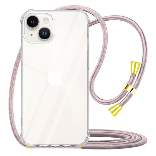 YESPURE Case for iPhone 14 Shockproof Protective Cover with Adjustable Lanyard Strap Soft Transparent TPU Anti-Scratch Anti-Yellowing Clear Shock Absorption Phone Case 6.1 inch - Rose