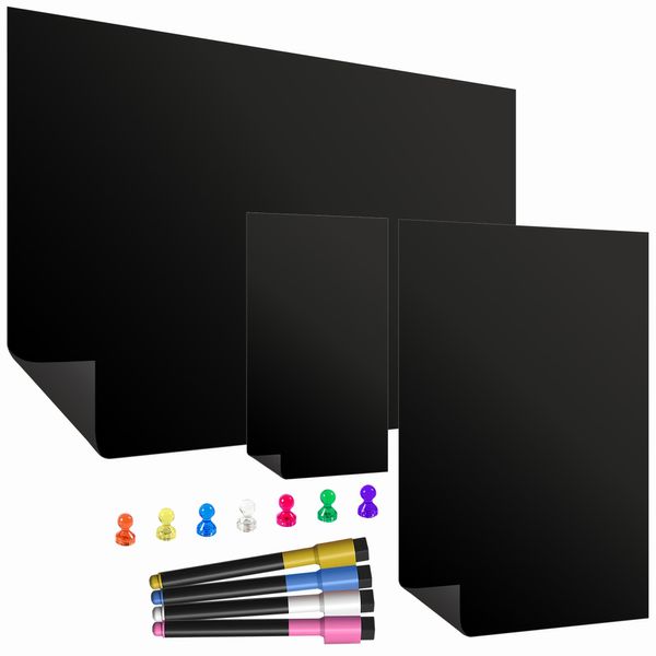 TMS Magnetic Fridge Blackboard | Triple Pack | with A4, A3 & Mini Shopping List White Boards | use as Kitchen Notice Board, Weekly Meal Planner or to Do List, Includes Eraser Pens and Magnets