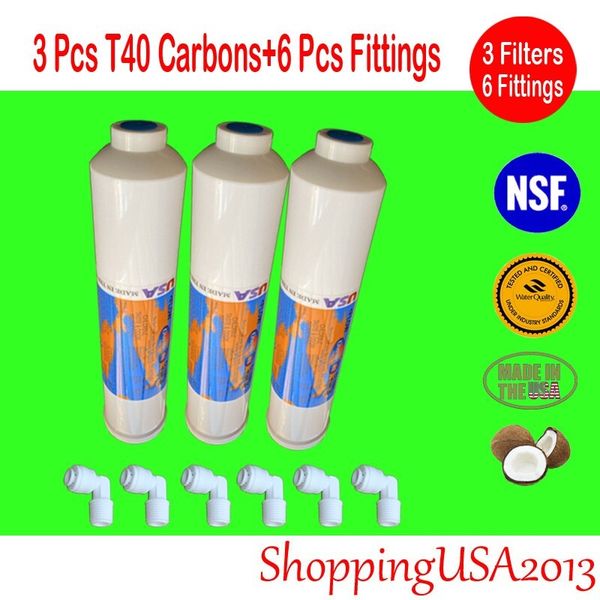 3 Omnipure T40 Post Coconut Inline Carbon Filter 10X2" +6 Threa Elbow Fitting