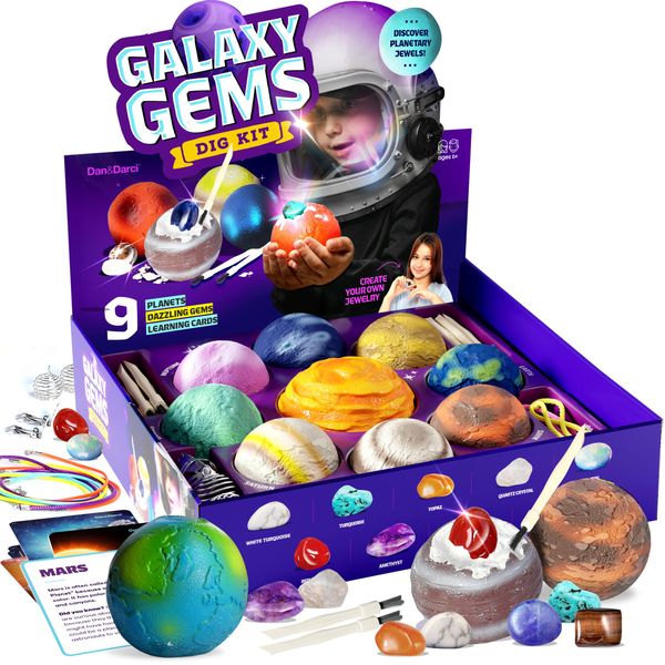 Galaxy Gem Dig Kit for Kids - Gemstones Digging Science Kits for Kids Age 6-7, 6-8, 8-10 - Gifts for 6 7 8 9 10 11 Year Old Boys & Girls - Planet Space Toys for Kids 8-10 - STEM Stuff for Boy & Girl