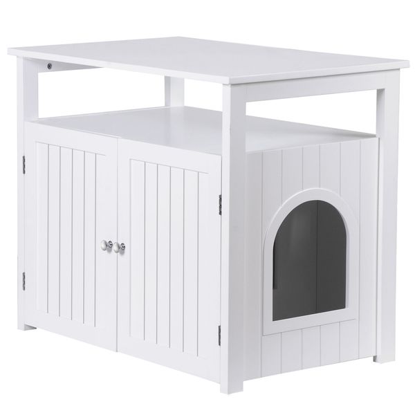 Cat Litter Box Enclosure Pet Side Table with Storage Shelf & Removable Divider