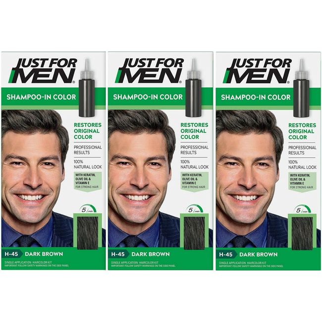 Just For Men H-45 DARK BROWN Hair color Shampoo In ( 3 pack ) green