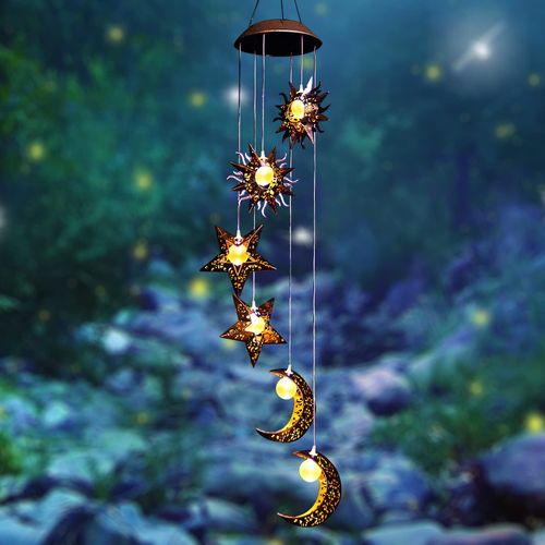 Tryme Solar Powered Wind Chimes with Sun Moon Star Warm LED Windchimes Hanging Outdoor Lights Unique Decor Gifts for Wife Mom Grandma Neighbors
