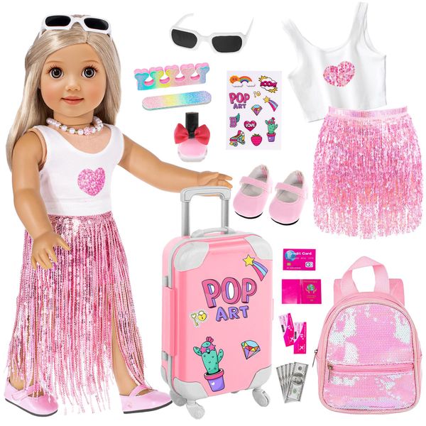 ebuddy 18 Inch Doll Clothes and Accessories-Fashion Fringe Dress with Travel Suitcase Backpack Manicure Playset Including Tassel Dress Set, Suitcase, Backpack, Glasses, Shoes, Nail kit(No Doll)