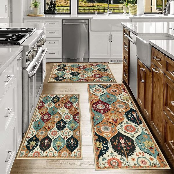 Falflor Moroccan Trellis Kitchen Rug Sets of 3 Non Slip Kitchen Mats for Floo...