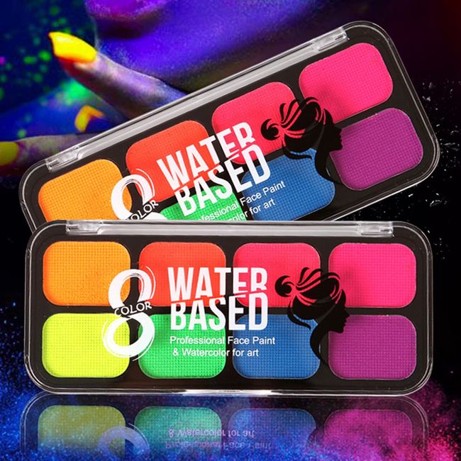 UV Face Paint Kit, Glow In The Dark Paint, Neon Fluorescent Body Painting 8  Colors Professional Brush,Water Based Black Lights Makeup for Kids