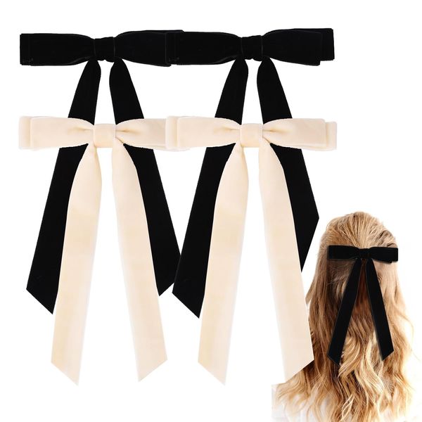 4PCS Velvet Hair Bows Hair Ribbon Clips Big Fall Alligator Clips Hair Accessories for Women Girls Toddlers (Black+Beige)