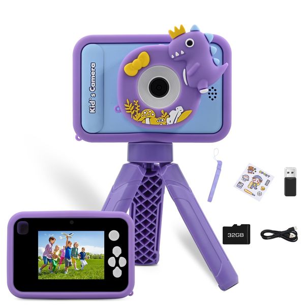 Fretrecy Upgrade Kids Camera with Tripod for Girls Boys Age 3-10, 1080P 48MP Video Digital Toddler Cameras Toy for 3 4 5 6 7 8 Years Old Children Christmas Birthday Gifts with 32G SD Card (Purple)