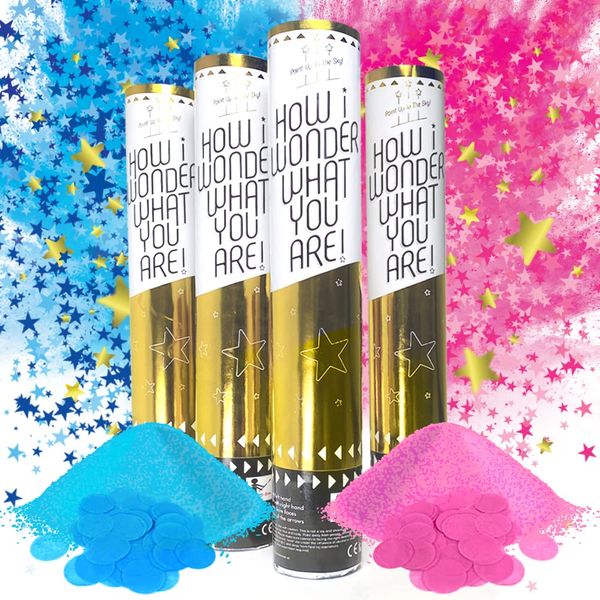 Sweet Baby Co. Baby Gender Reveal Confetti Cannon with Color Powder Boy or Girl Blue Confetti Smoke and Pink Confetti Smoke, Set of 4 | Twinkle Twinkle Little Star Party Poppers | Holi Popper Sticks