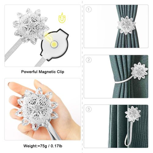 AULEEP Magnetic Curtain Tiebacks, 4 Pack Modern Metal Curtain Tie Backs, Indoor & Outdoor Use Decorative Drapes Clips Buckle with Crystal Flower Beads for Thin or Thick Curtains(Silver)