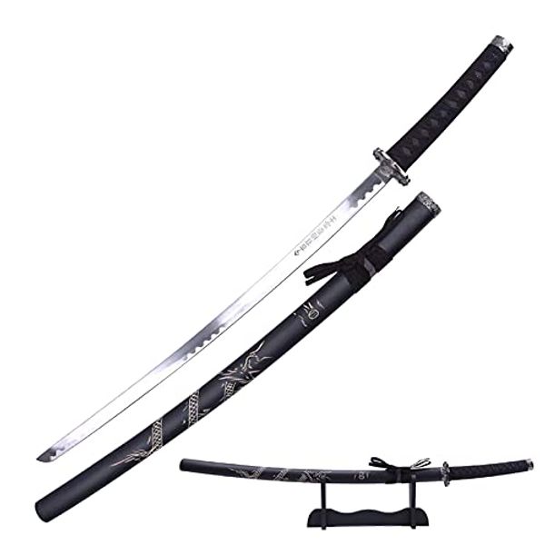 40" Japanese Samurai Sword Katana Carbon Steel Blade Dragon Engraved Wooden Sheath w/ Stand - Black