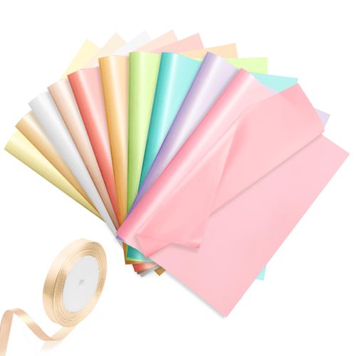 Furuising 50 Sheets 10 Metallic Colors Tissue Paper, 50 x 35cm Tissue Paper for Wrapping Gifts, Glitter Coloured Tissue Paper Sheets for Packaging with 1 Satin Ribbon for Christmas Birthday Craft