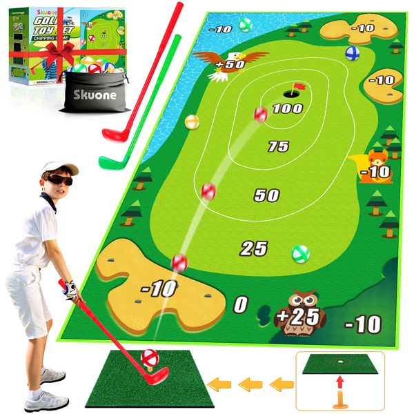 skuone Chipping Golf Toy Game with 2 Clubs, Indoor Outdoor Games for Kids Adults and Family, Sticky Golf Chip Practice Set, Kids Outdoor Play Equipment, Golf Toys for 3 4 5 6 7 8 Year Old Boys Girls