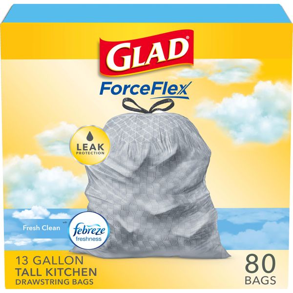 Glad ForceFlex Tall Kitchen Drawstring Trash Bags, 13 Gallon, Fresh Clean Febreze, 80 Count, Package May Vary