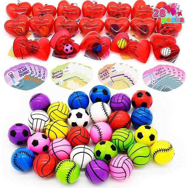 28 Packs Kids Valentine Day Sports Bouncy Ball with Prefilled Hearts and Valenti