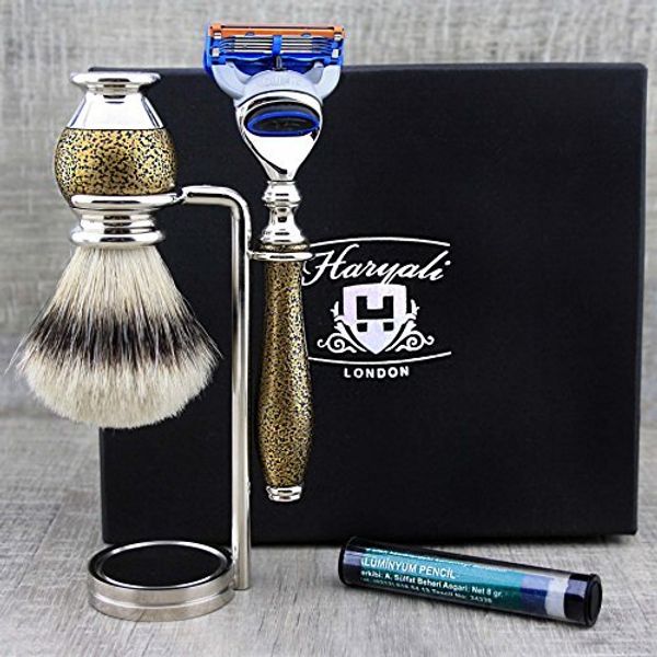 Haryali London 5 Edge Shaving Razor With Silver Tip Badger Hair Brush, Stand and Alum Perfect Shaving Kit For Mens