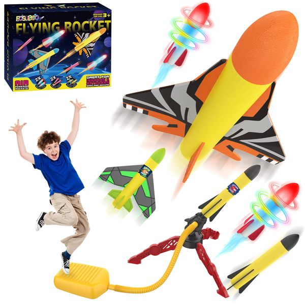 Garden Outdoor Games Toys for Kids, Space Jump Rocket Launcher for Children(LED Rockets x2, Airplanes x2, Foam Rockets x2), Fun Flying Toys for 3+ Year Old Boys, Presents Gifts for Girls Age 4 5 6 7+