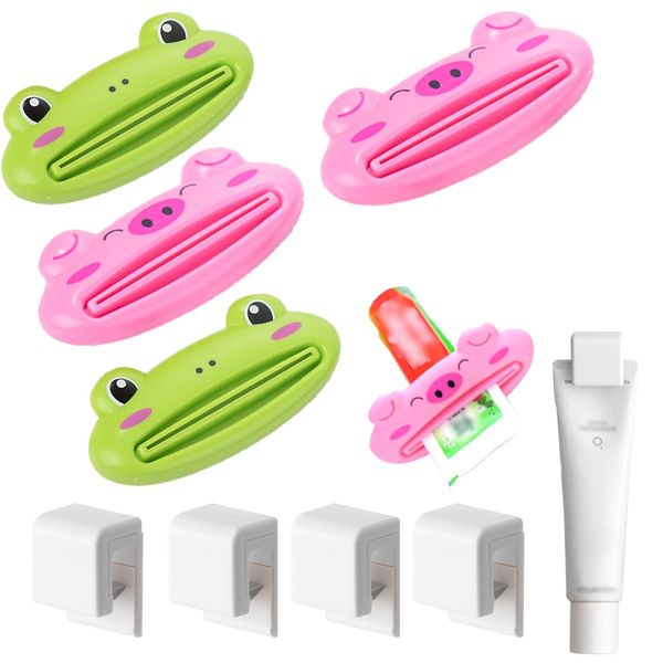 KASESSS 4 Pieces Toothpaste Squeezer, Plastic Tube Squeezer, Toothpaste Tube Squeezer Cartoon Animal, Cute Tube Squeezers, Toothpaste Roller for Toothpaste Hand Cream Ceansing Lotion(Green,Pink)