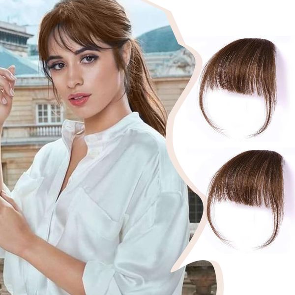 Fake bangs with curlers, hair clip style hair clip, simple hair extension, French bangs, clip style air curved bangs, suitable for women's daily wear (Light brown)