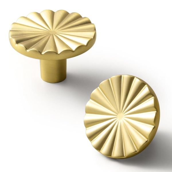 QZKJQDD 2 Pack Brushed Gold Cabinet Knobs, Brass Kitchen Solid Round Dresser Drawer Knobs, Simple Cabinet Hardware for Cupboard Drawer Pulls Zinc Alloy