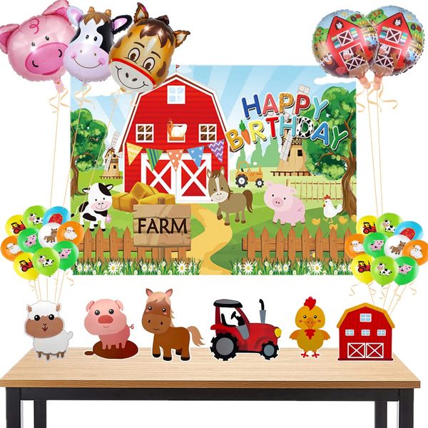 36 Pcs Farm Themed Party Supplies,Indoor and Outdoor Farm Animals 3D Table Decorations,Include Farm Animals Centerpieces Farm Background Cloth and Balloons