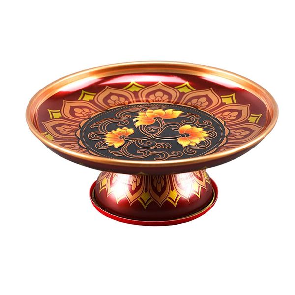 PRETYZOOM offering plate altar bowl for buddhist fruit tin trays food- Dried Fruit Plate Buddha Hall Fruit Tray Creative- Temple Tray (Dark Red)