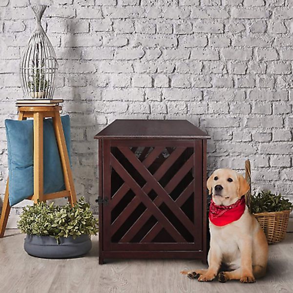 Wooden Lattice Pet Crate, End Table, Espresso