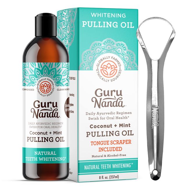 GuruNanda Oil Pulling (8 Fl.Oz) with Coconut Oil and Peppermint Oil for Oral Health, Healthy Teeth and Gums, Alcohol Free Mouthwash, Teeth Whitening, Helps with Bad Breath and Freshens Mouth