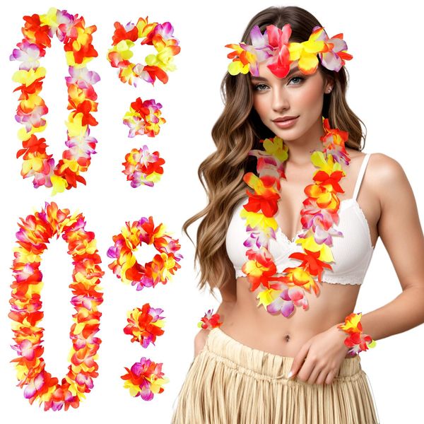 DOCILA 8 Pack Hawaiian Flower Leis Women Men Luau Outfits Hawaii Necklace Leis Tropical Floral Wreaths Headbands Wristbands Set Beach Party Costume Plastic Leis Crown Orange Yellow Purple