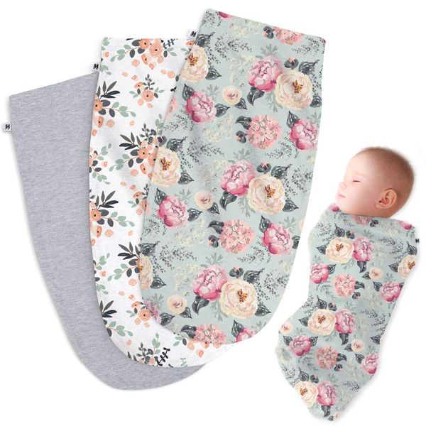 Henry Hunter Baby Swaddle Sack | The Simple Swaddle | Soft Stretchy Cotton Swaddles for Newborns | Baby Swaddles 0-3 Months, Swaddle Blankets Baby Girl, Pack of 3, Peony | Bouquet | Light Heather