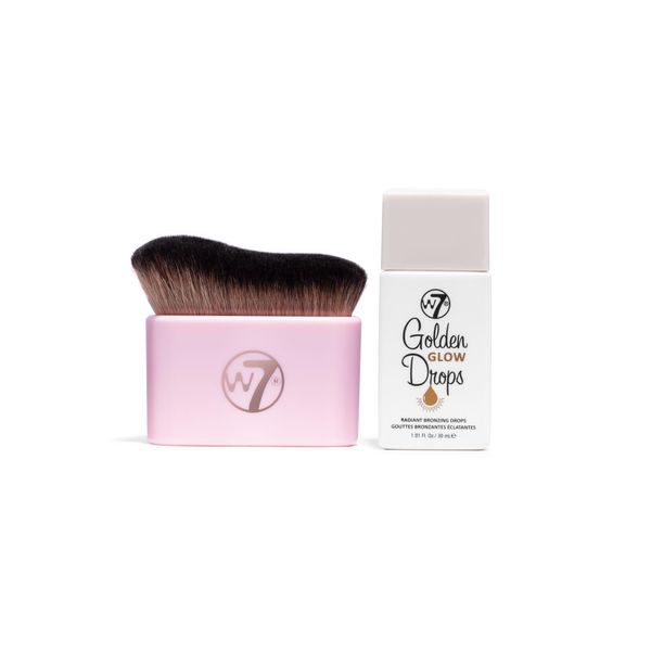 W7 Golden Glow Drops & Brush Duo - 2 Piece Set - Liquid Bronzing Drops & Face & Body Applicator Brush