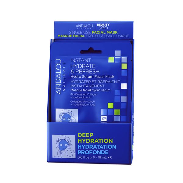 Andalou Naturals, Deep Hydration, Instant Hydrate & Refresh Sheet Mask, Single Face Mask, 0.6 oz each, 6 Count (Pack of 1)