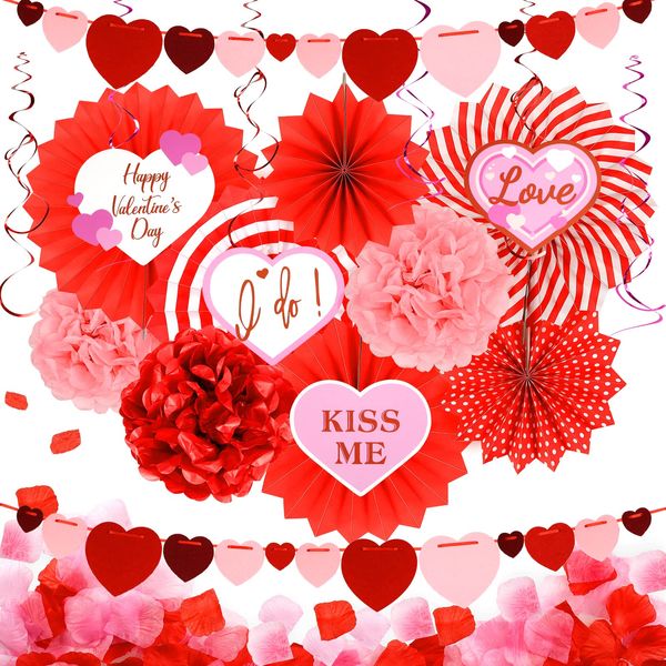 23PCS Valentines Day Party Decorations Kit,Red Paper Fans Red Paper Pompoms Hanging Heart Swirls and Banners Rose Petals Loving Cards for Valentine Day Wedding Engagement Bridal Shower Decoration