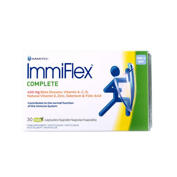 Immiflex Complete | Immune System Booster with 450 mg Beta Glucans | Vitamin D, Vitamin C, Vitamin E, Vitamin A, Zinc, Selenium and Folic Acid | 30 Veg. Capsules (1 Month Supply)