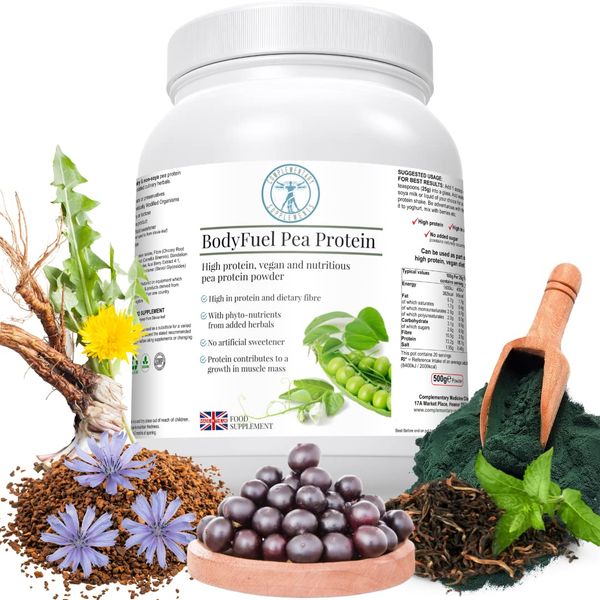 Complementary Supplements - BodyFuel Hypoallergenic Pea Protein Isolate Powder Plus Phytonutrients - NO GMOs – Chicory, Green Tea, Dandelion, Spirulina, Acai Berry – Vegan, 500g