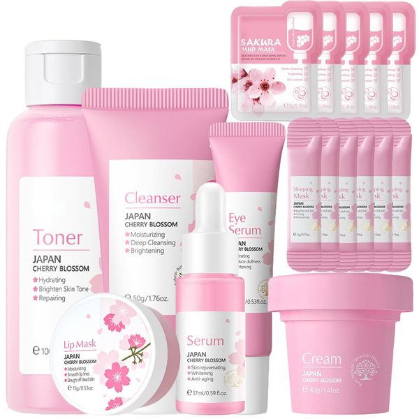 Sakura Face Care Set for Women, 17Pcs Moisturizing Skin Care Set Include Sakura Cream, Cleanser, Serum, Toner, Eye Cream, Lip Mask, Mud Mask, Sleeping Mask, Skin Care Routine for Daily Beauty Care