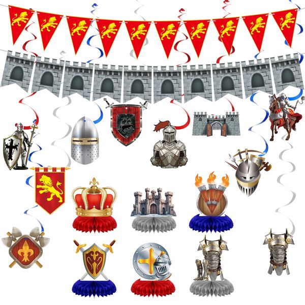 18 Pcs Medieval Knight Birthday Party Decorations Medieval Castle Party Supplies Medieval Whirls Hanging Banner Decorations Stone Wall Shield for Medieval Birthday Party Supplies